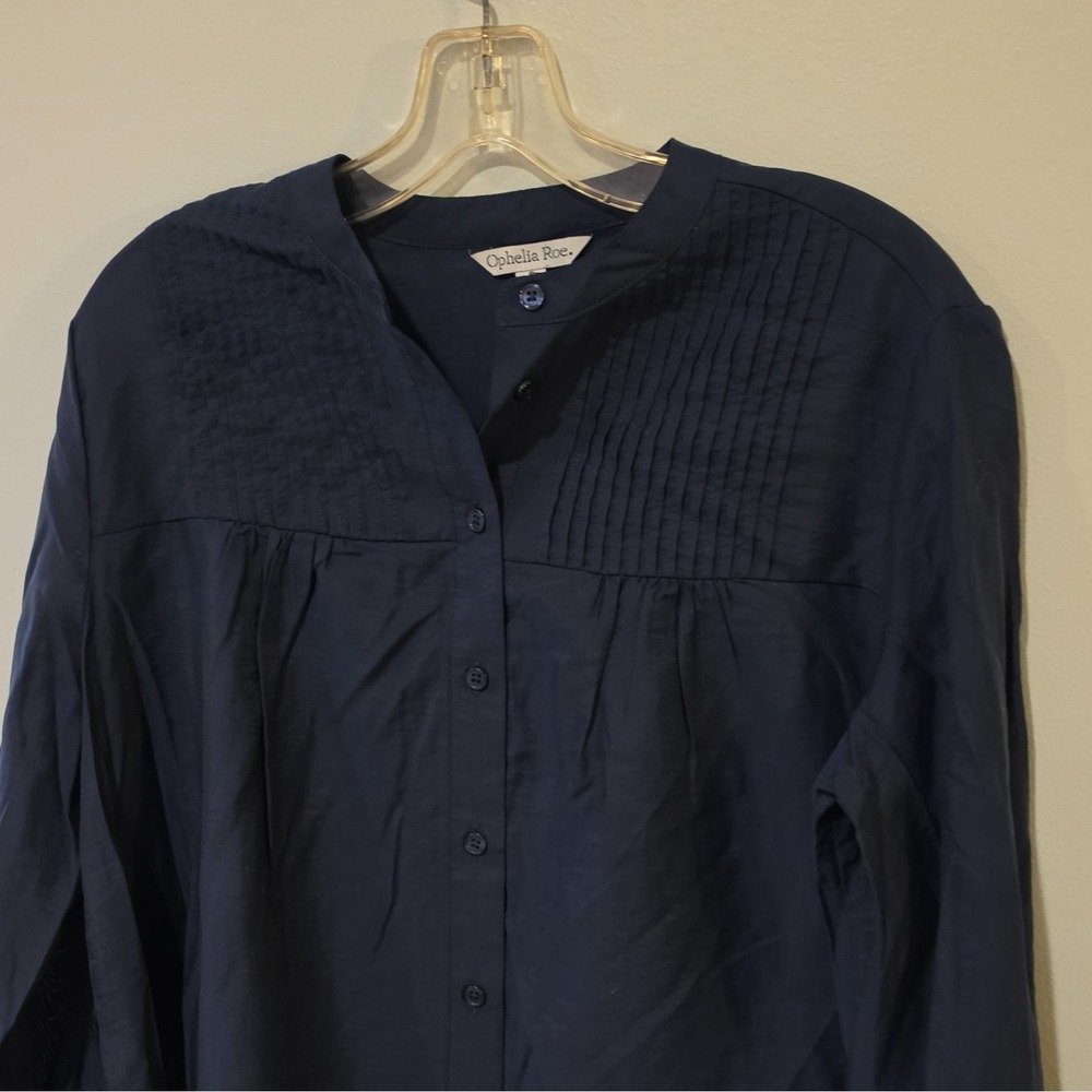 Ophelia Roe Navy Solid Round Neck Pleated Button Front LS Blouse Size S #291